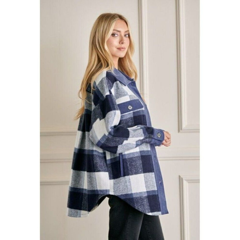 GeeGee Clothing Denim Blue Plaid Button Up Shirt Jacket Shacket  S-L SJ1798 - Picture 2 of 5